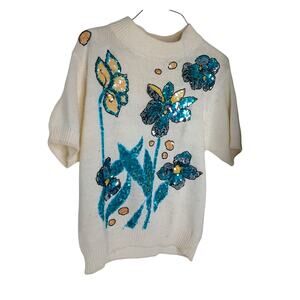 Vintage Laura Winston Floral Sequin Grannycore Sweater Size Large